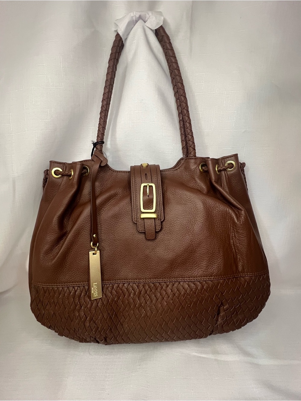Lodis Brown Leather Shoulder Bag with Woven Trim